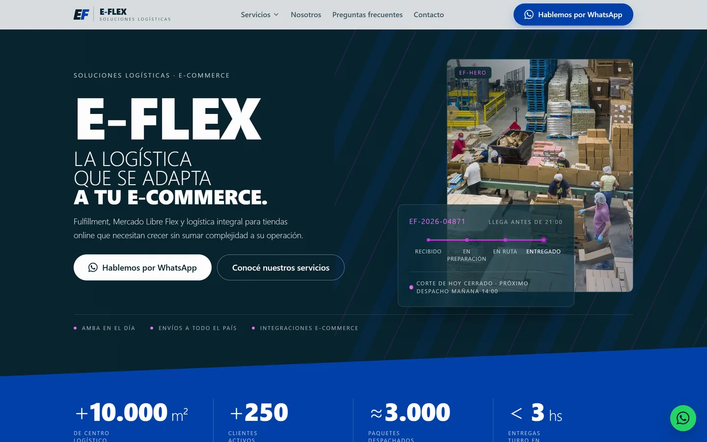 Home de E-Flex con la tarjeta de seguimiento de un envío y el horario de corte del día