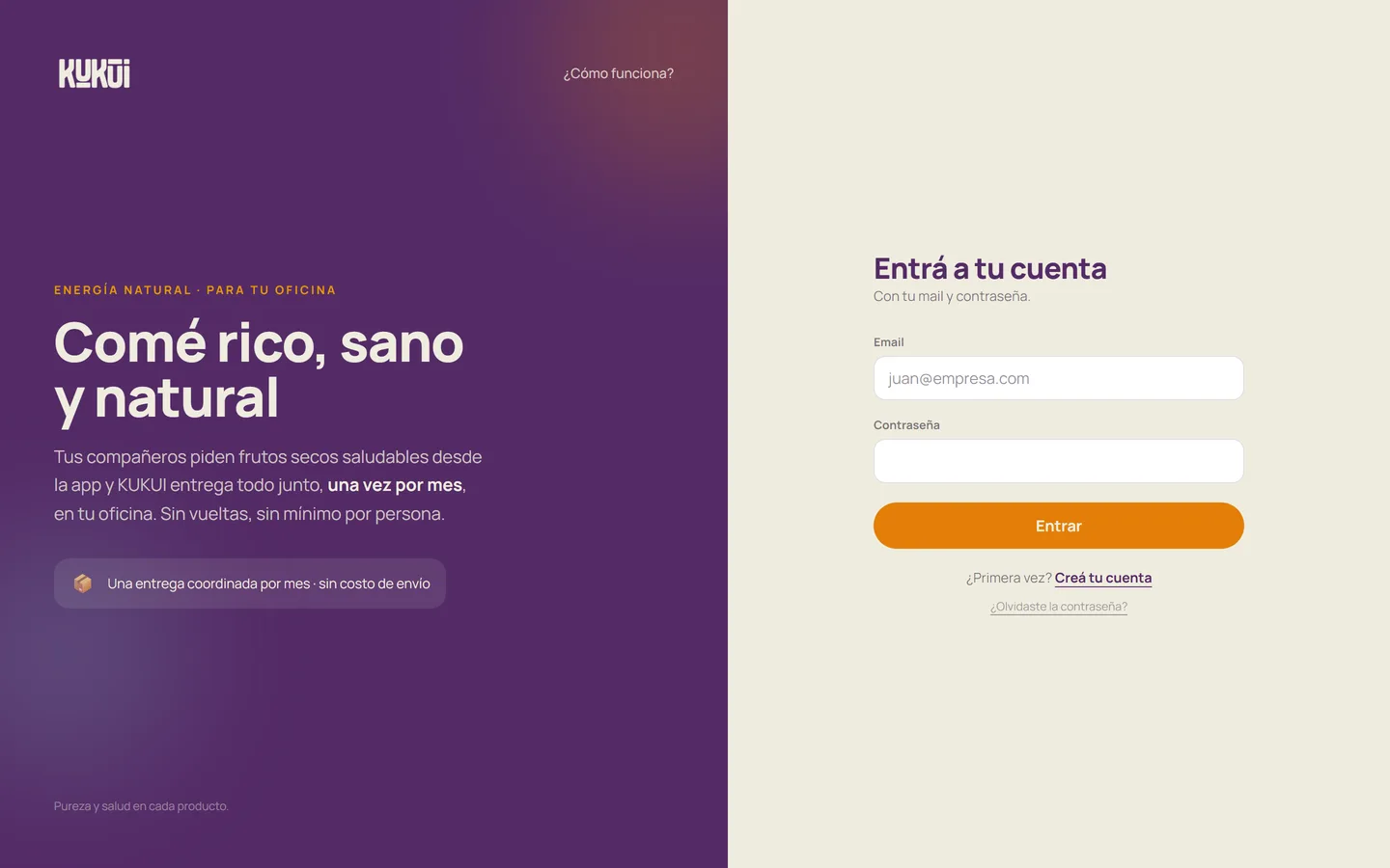 Pantalla de ingreso de la app de KUKUI, con el claim de la marca a la izquierda y el login a la derecha